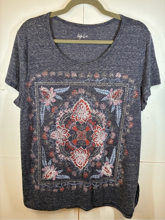 Style & Co. Tops - Style & Co. Women's XL Blue Marled Floral Medallion Graphic Short Sleeve Tee Top